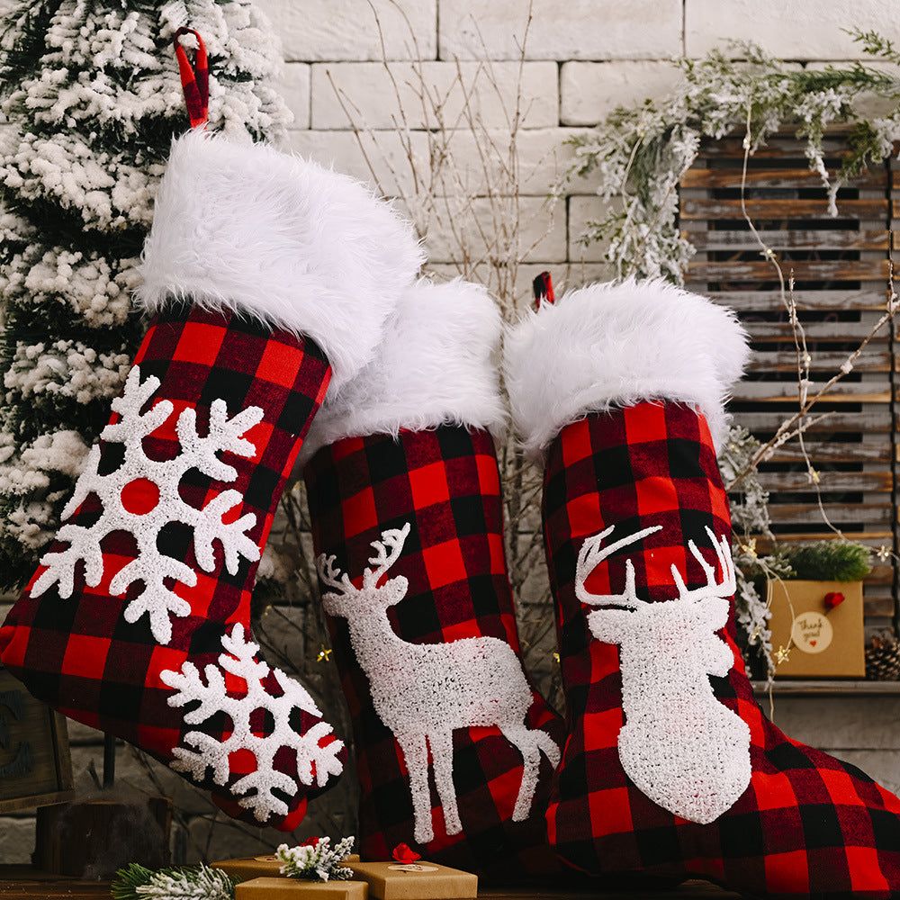 Christmas Decoration Supplies Red and Black Plaid Christmas Stockings Elk Snowflake Christmas Socks Pendant Tree Pendant