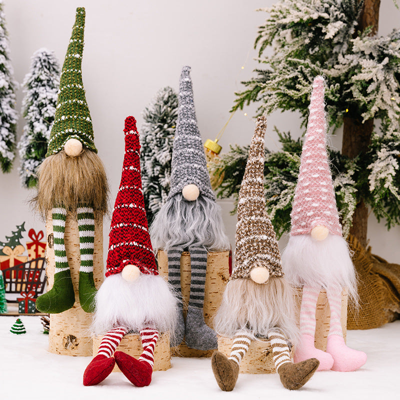 Christmas decorations, striped knitted hat Rudolph hanging leg doll, faceless doll dwarf ornament