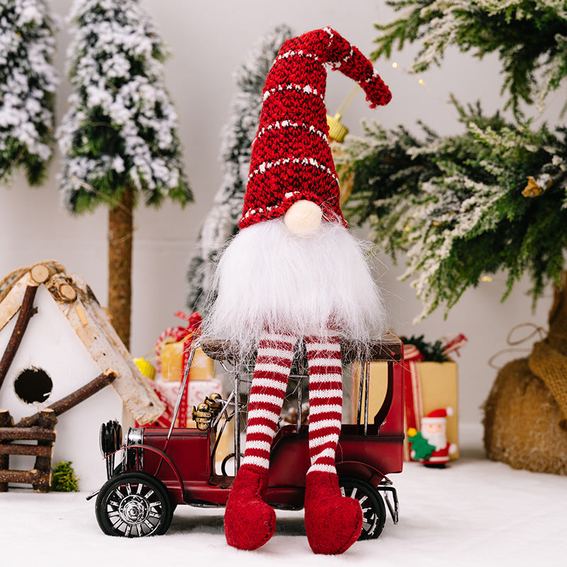 Christmas decorations, striped knitted hat Rudolph hanging leg doll, faceless doll dwarf ornament