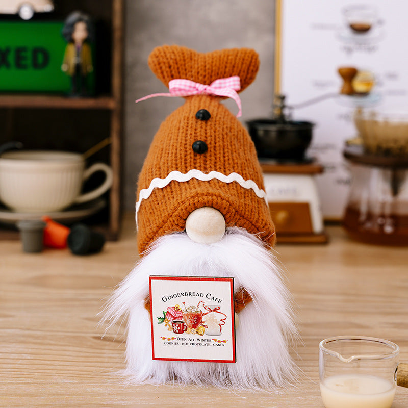 New knitted shell hat holding wooden card Rudolph doll coffee dwarf doll ornament home cloth