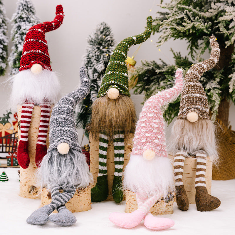 Christmas decorations, striped knitted hat Rudolph hanging leg doll, faceless doll dwarf ornament