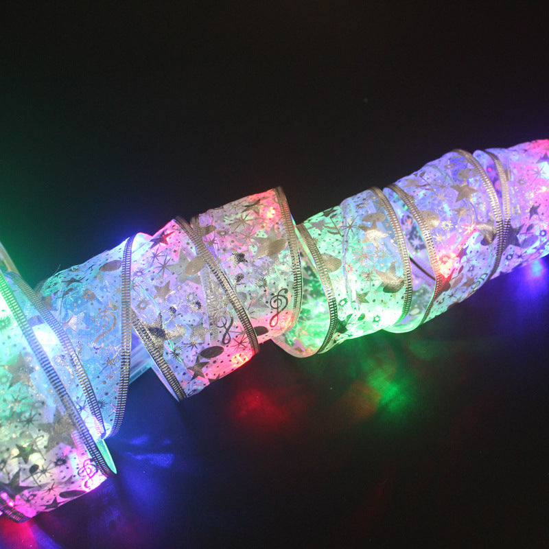 Christmas ribbon LED light string, Christmas ornament, Christmas tree decoration pendant, gift bronzing double ribbon