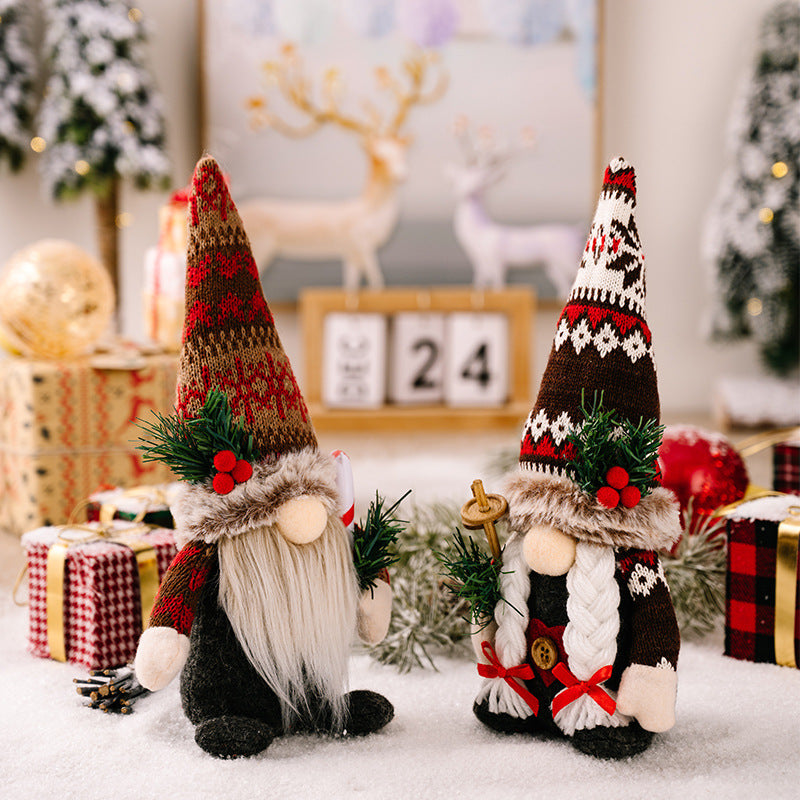 New Christmas decorations, knitted hat holding pine branch Rudolph doll, dwarf faceless doll ornament