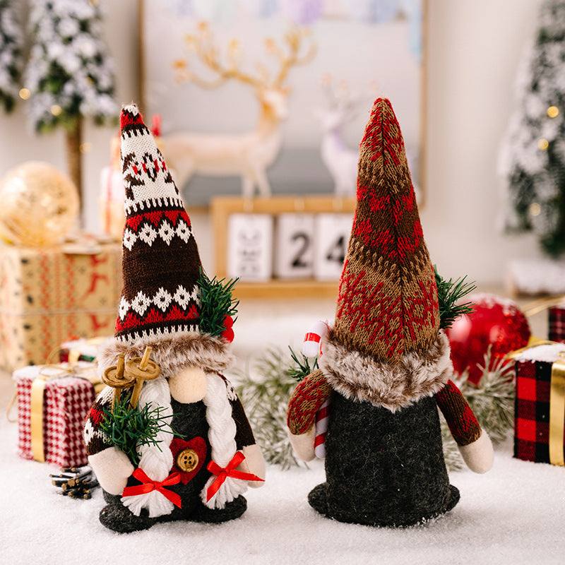 New Christmas decorations, knitted hat holding pine branch Rudolph doll, dwarf faceless doll ornament