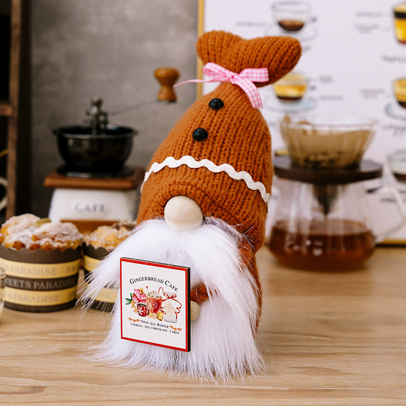 New knitted shell hat holding wooden card Rudolph doll coffee dwarf doll ornament home cloth