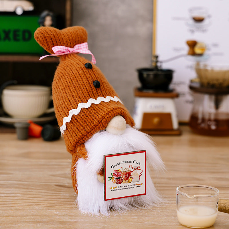 New knitted shell hat holding wooden card Rudolph doll coffee dwarf doll ornament home cloth