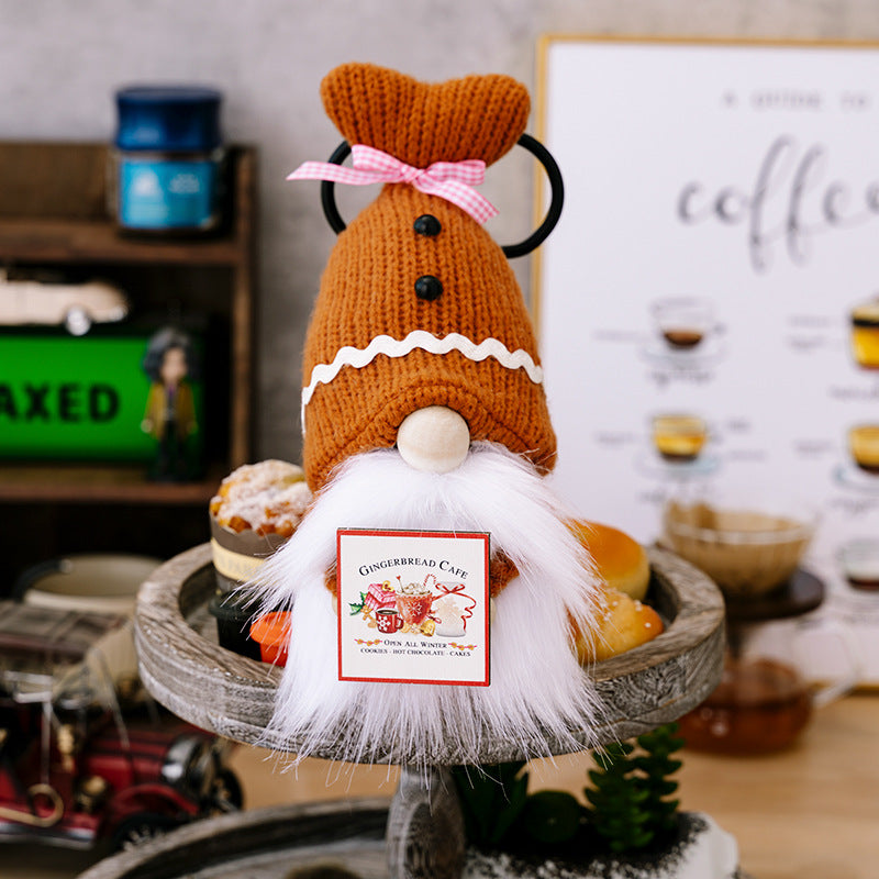 New knitted shell hat holding wooden card Rudolph doll coffee dwarf doll ornament home cloth