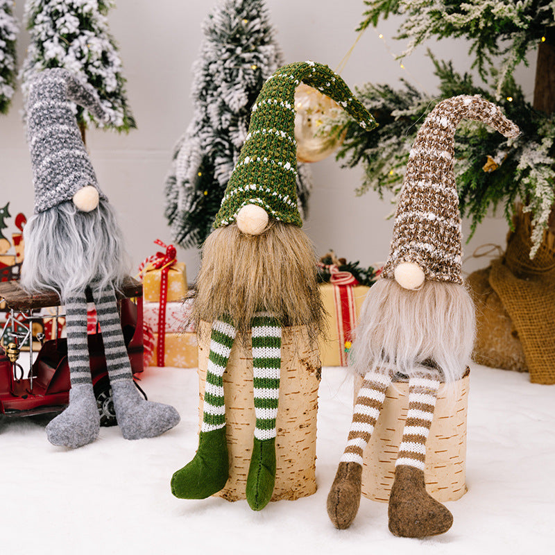 Christmas decorations, striped knitted hat Rudolph hanging leg doll, faceless doll dwarf ornament